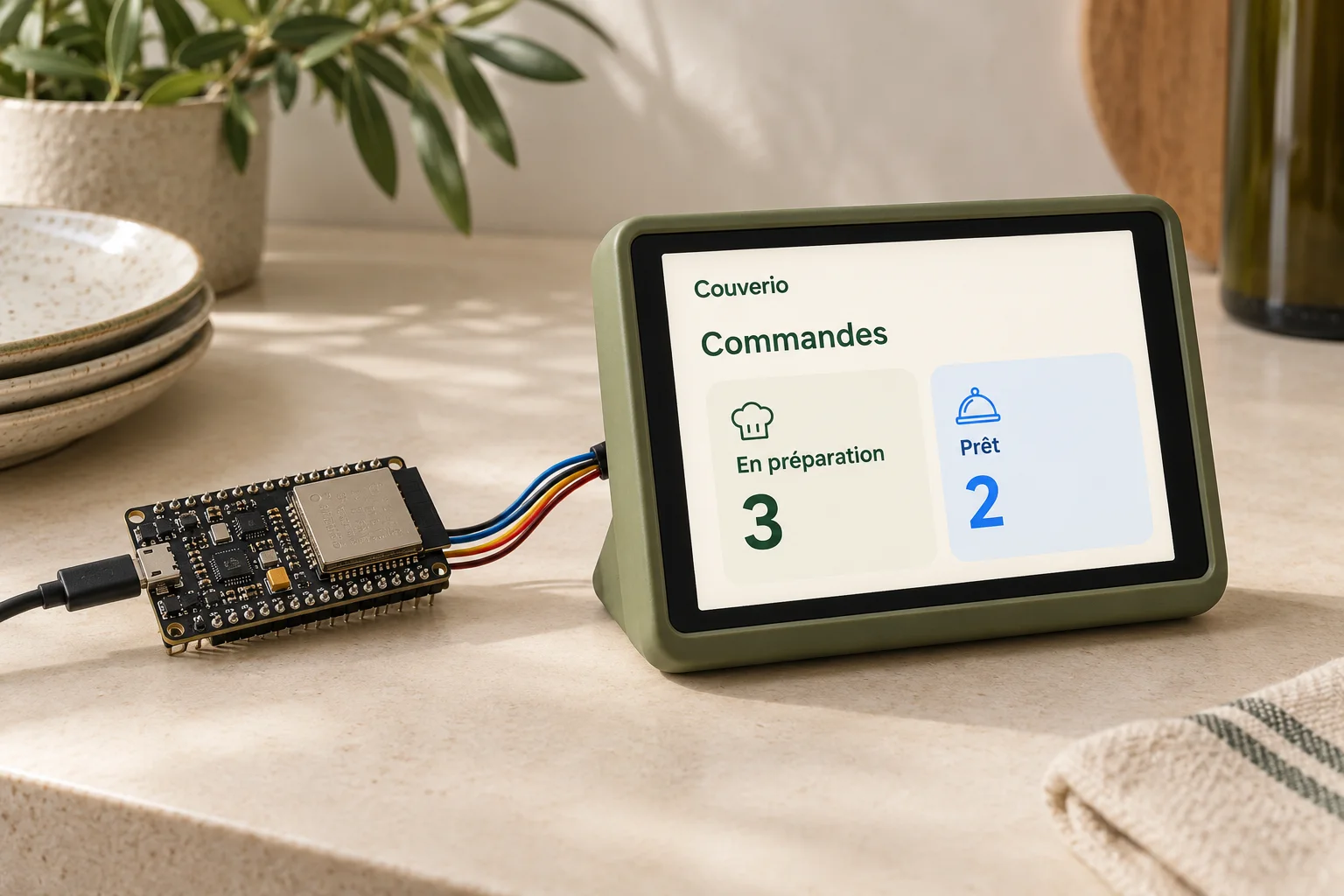 Illustration conceptuelle d’un module ESP32 relié à un écran Couverio affichant des commandes
