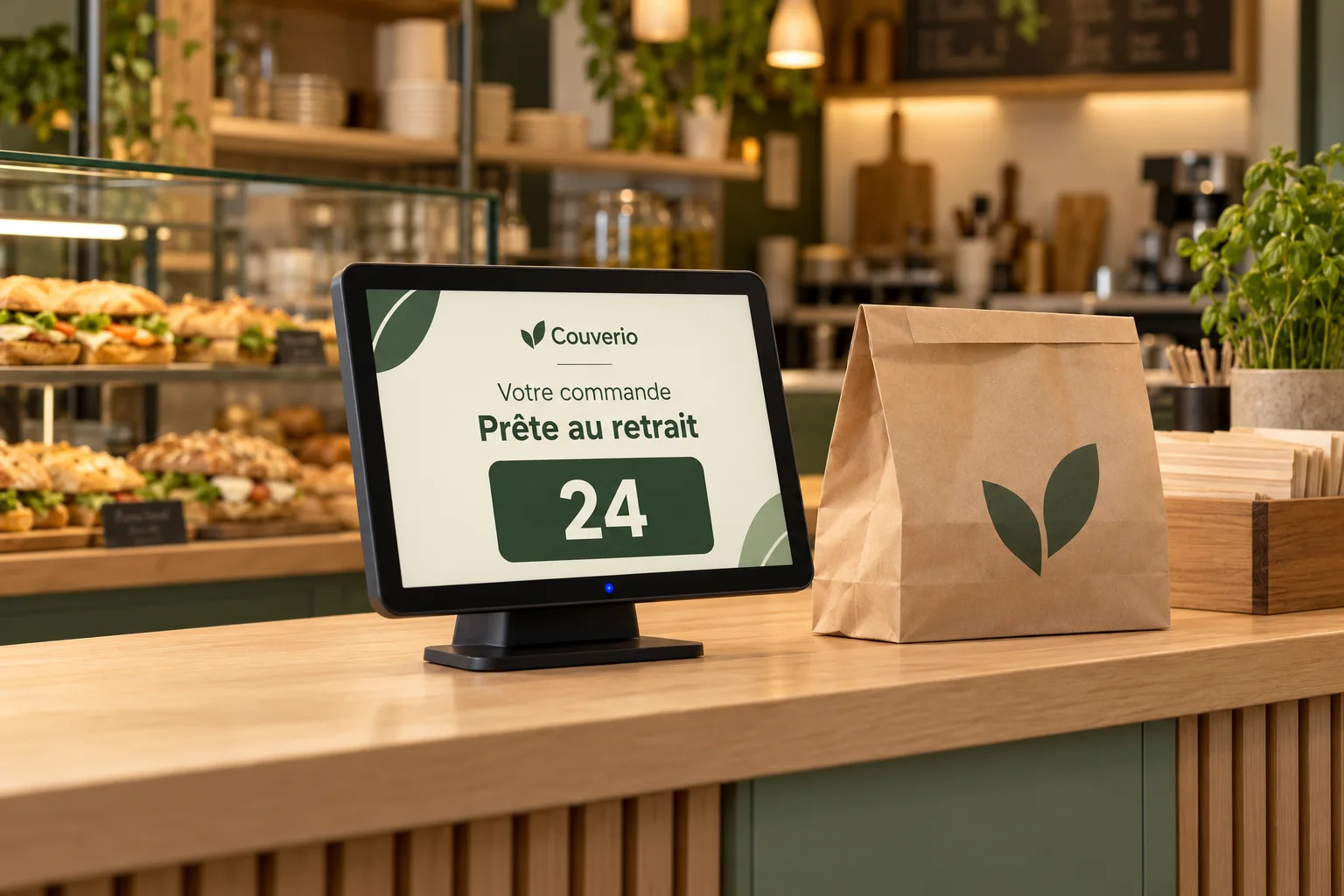 Illustration d’un écran de comptoir Couverio indiquant une commande fictive prête au retrait