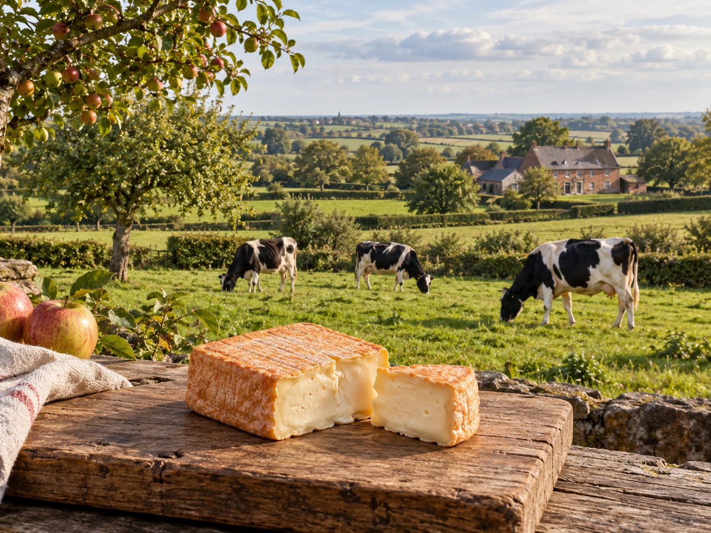 Évocation générée du Pays de Herve : bocage vallonné, vaches au pré, verger, ferme et fromage de Herve au premier plan