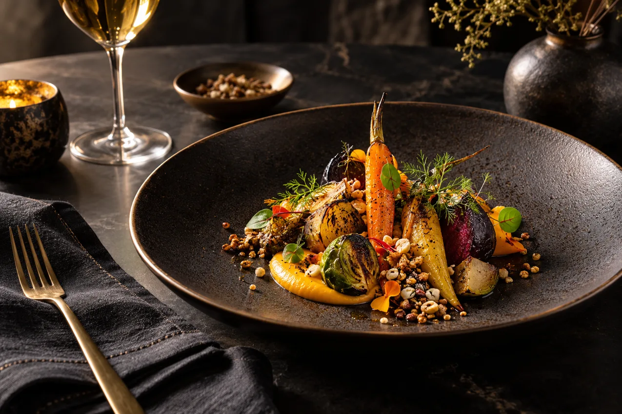 Illustration culinaire générée : assiette gastronomique de légumes de saison, éclairage chaleureux